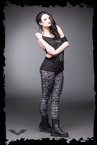 Graue Leggings mit Totenkopf und Rosen Muster